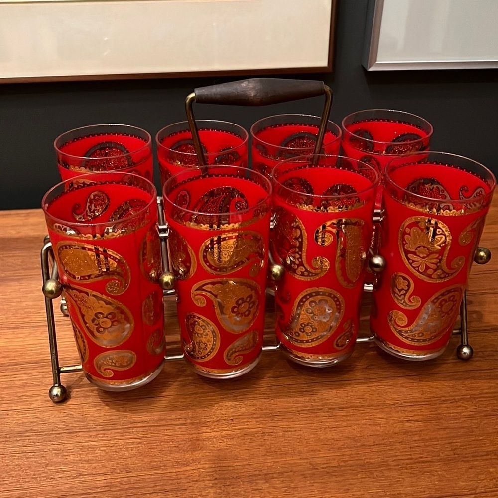 Vintage Culver Red & Gold Paisley Pattern Highball Tumbler Glasses w/Carrier